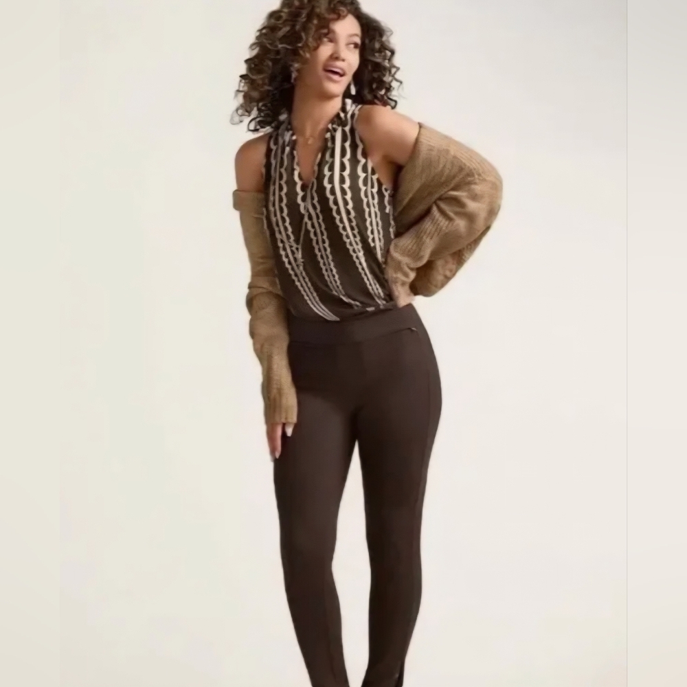CAbi Black and Cream Chain-Print Halter Blouse